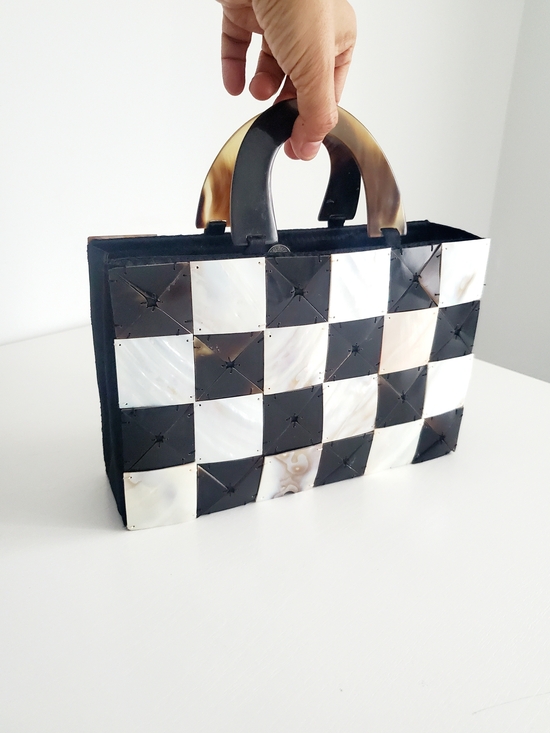 Handbags - Mother Of Pearl Checkerboard Mini Tote with Tortoiseshell Handle
